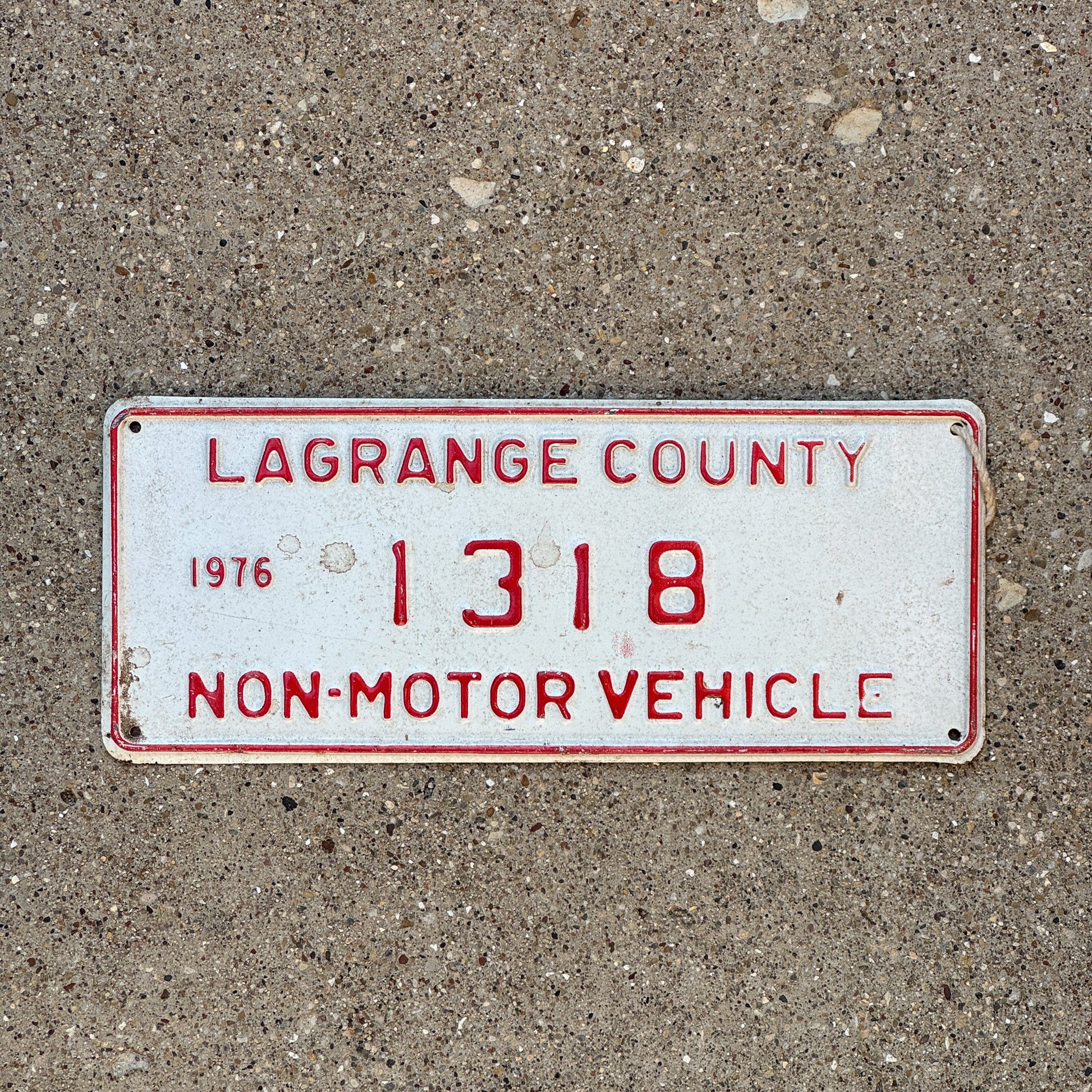 Photo of a 1976 Indiana Non-Motor Vehicle License Plate Auto Tag Garage Decor Vintage Lagrange County 1318