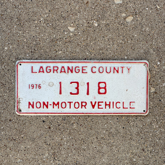 Photo of a 1976 Indiana Non-Motor Vehicle License Plate Auto Tag Garage Decor Vintage Lagrange County 1318