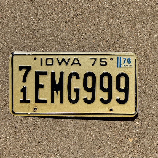Photo of a 1976 Iowa License Plate Auto Tag Garage Decor Vintage Repeat Repeating 71 EMG 999