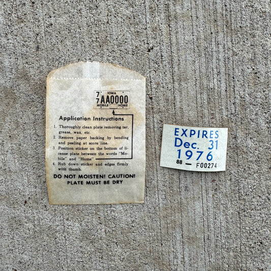 Photo of a 1976 Iowa Sticker Auto Tag Garage Decor Vintage F 00274 with original patina