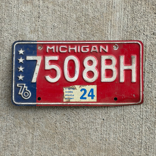 Photo of a 1976 Michigan Commercial License Plate Auto Tag Garage Decor Vintage Heavy Commercial Bicentennial 7508 BH with original patina