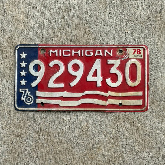 Photo of a 1976 Michigan Trailer License Plate Auto Tag Garage Decor Vintage Bicentennial 929 430 with original patina
