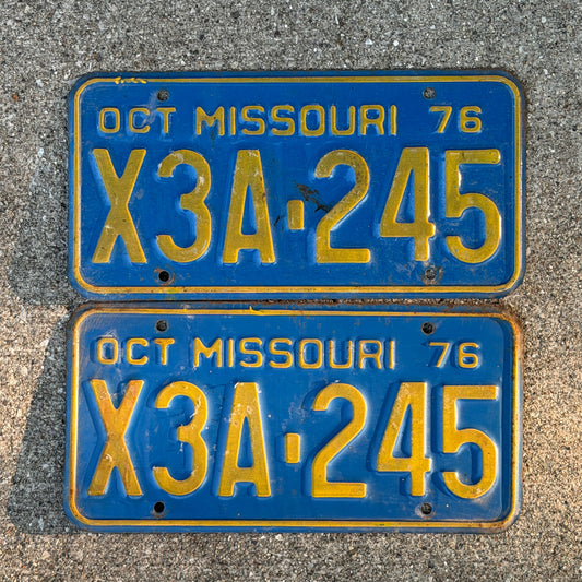 Photo of a 1976 Missouri License Plate Pair Auto Tag Garage Decor Vintage X3A 245 with original patina