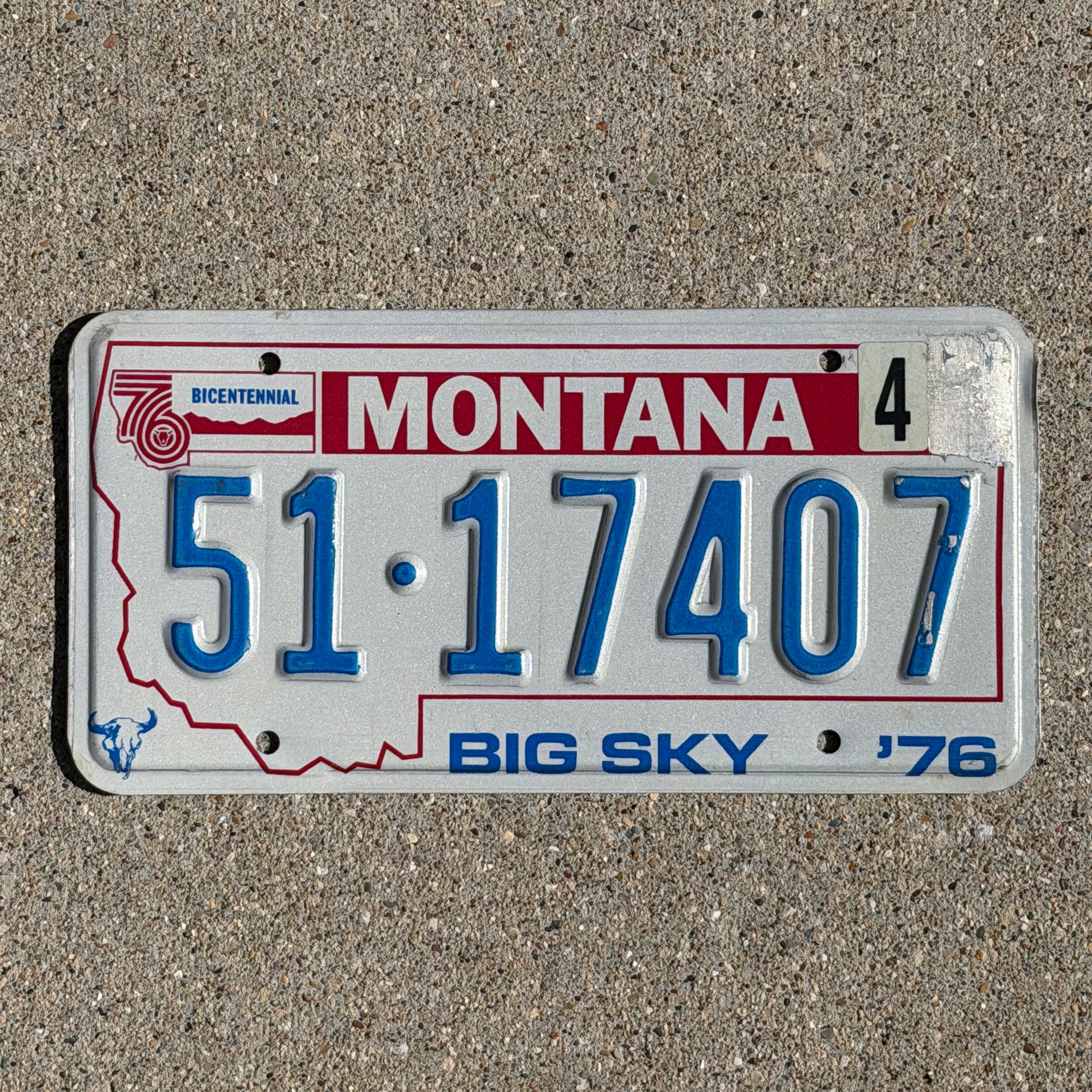 Photo of a 1976 Montana License Plate Auto Tag 1 Vintage Bicentennial 51 17407 with original patina