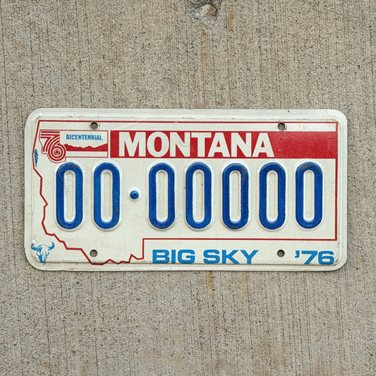 Photo of a 1976 Montana Sample License Plate Auto Tag Garage Decor Vintage Bicentennial 00 00000 with original patina