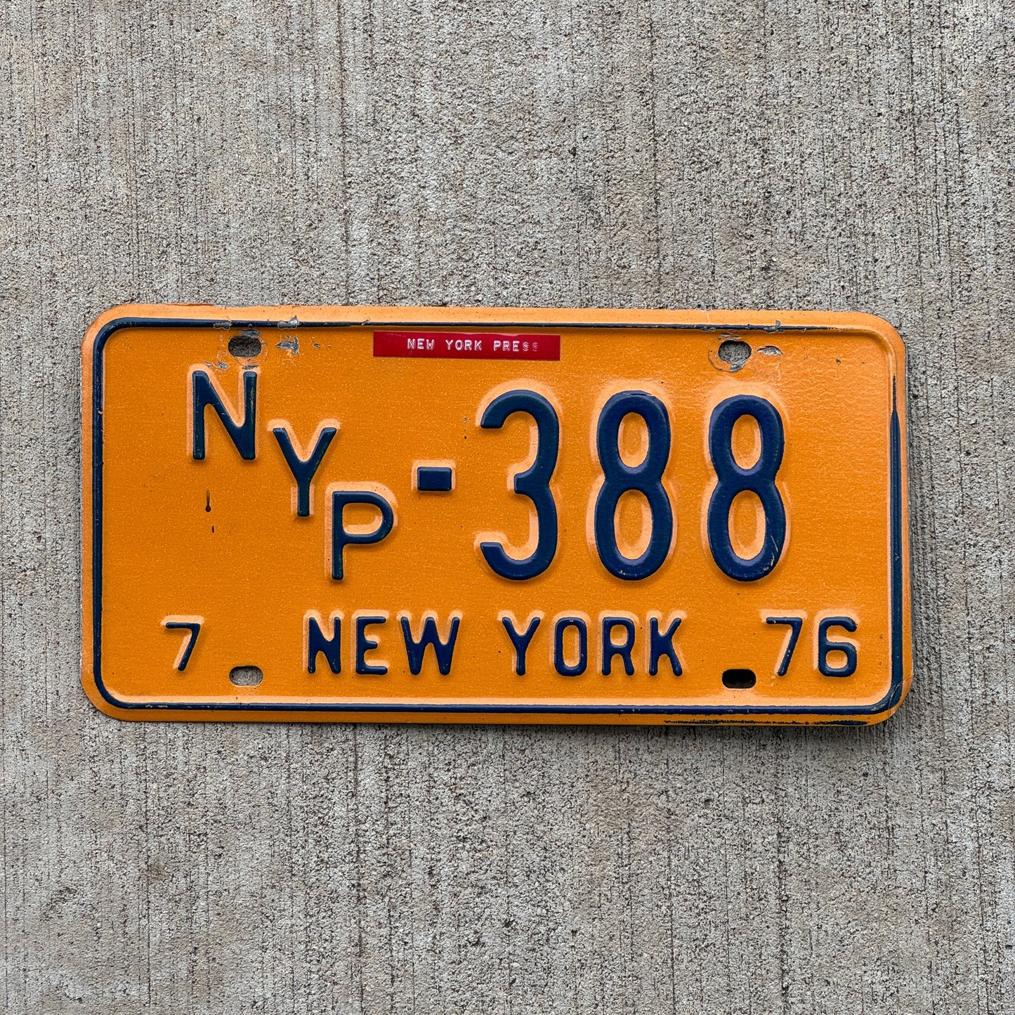 Photo of a 1976 New York PRESS License Plate Auto Tag Garage Decor Vintage NYP 388
