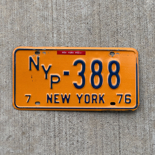 Photo of a 1976 New York PRESS License Plate Auto Tag Garage Decor Vintage NYP 388