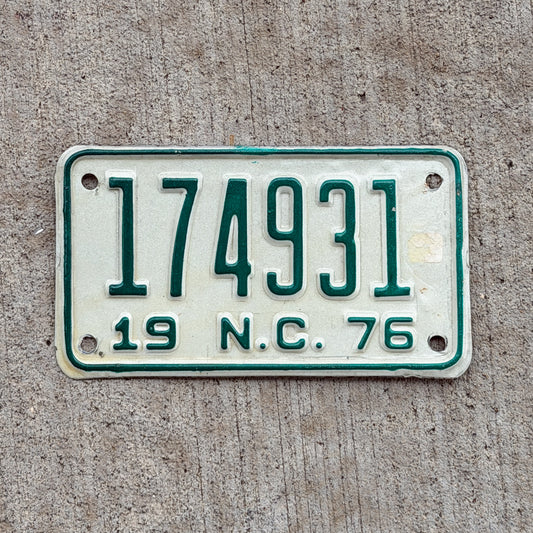 Photo of a 1976 North Carolina Motorcycle License Plate Auto Tag Garage Decor Vintage 174931 with original patina