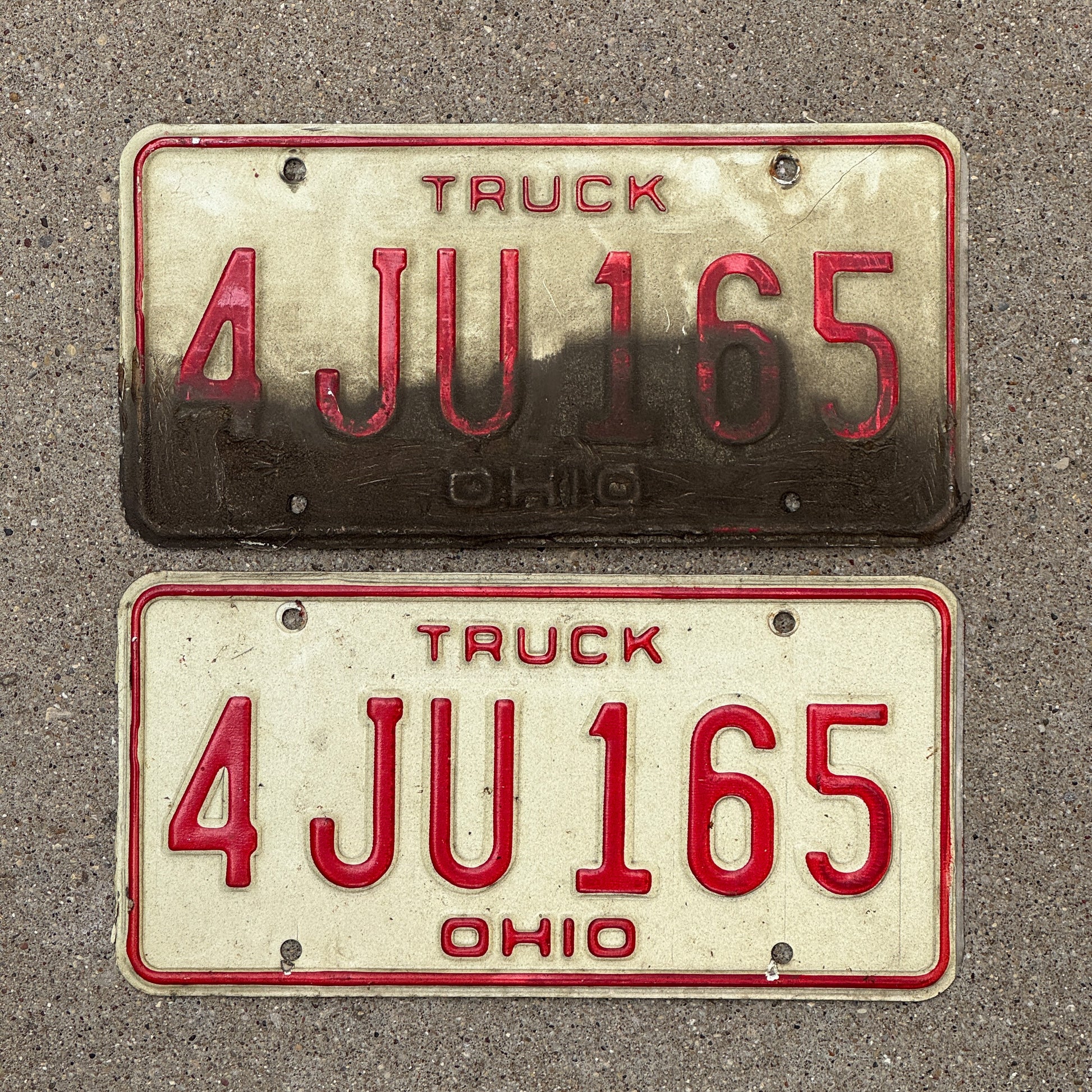 Photo of a 1976 Ohio Truck License Plate Pair Auto Tag Garage Decor Vintage 4 JU 165 with original patina