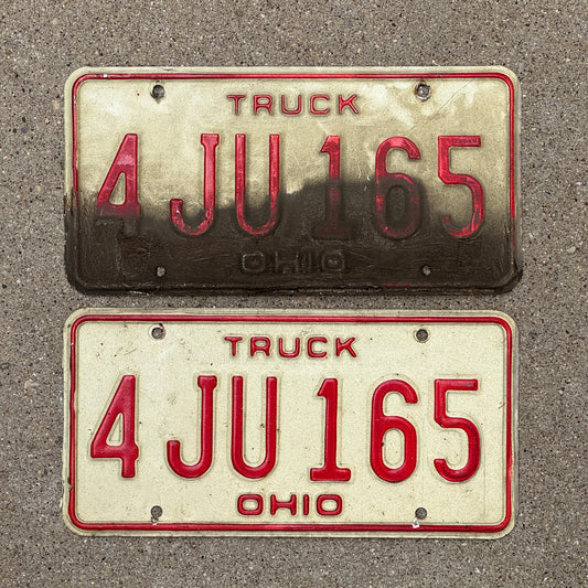 Photo of a 1976 Ohio Truck License Plate Pair Auto Tag Garage Decor Vintage 4 JU 165 with original patina