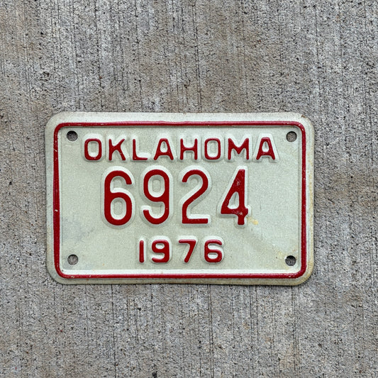 Photo of a 1976 Oklahoma Motorcycle License Plate Auto Tag Garage Decor Vintage 6924 with original patina