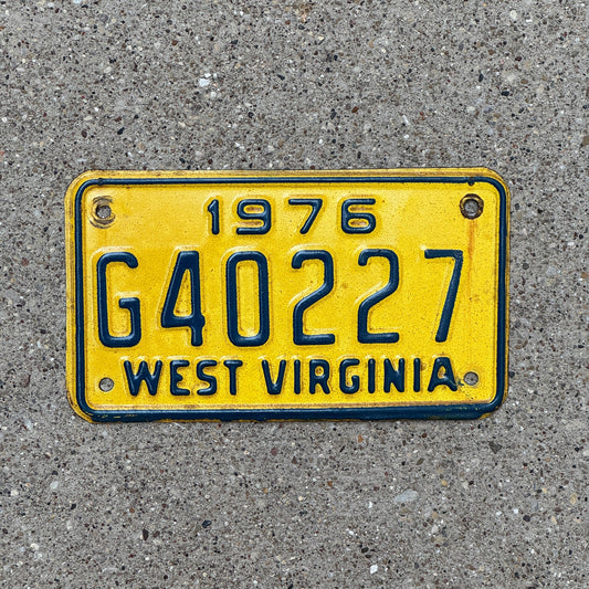 Photo of a 1976 West Virginia Motorcycle License Plate Auto Tag Garage Decor Vintage G 40227 with original patina