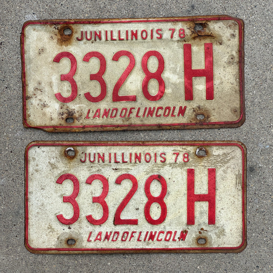Photo of a 1977 1978 Illinois Truck License Plate Pair Auto Tag Garage Decor Vintage 3328 H with original patina