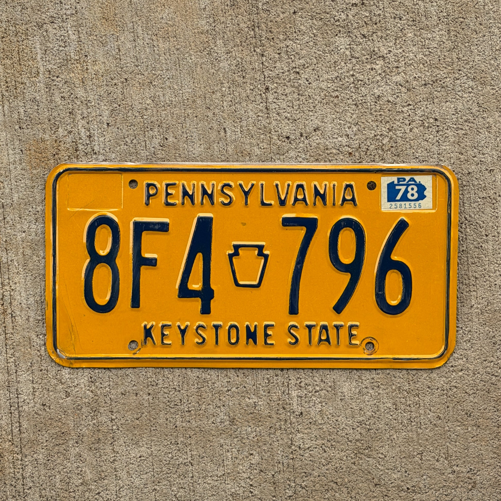 Photo of a 1977 1978 Pennsylvania License Plate Auto Tag Garage Decor Vintage 8F4 796 with original patina