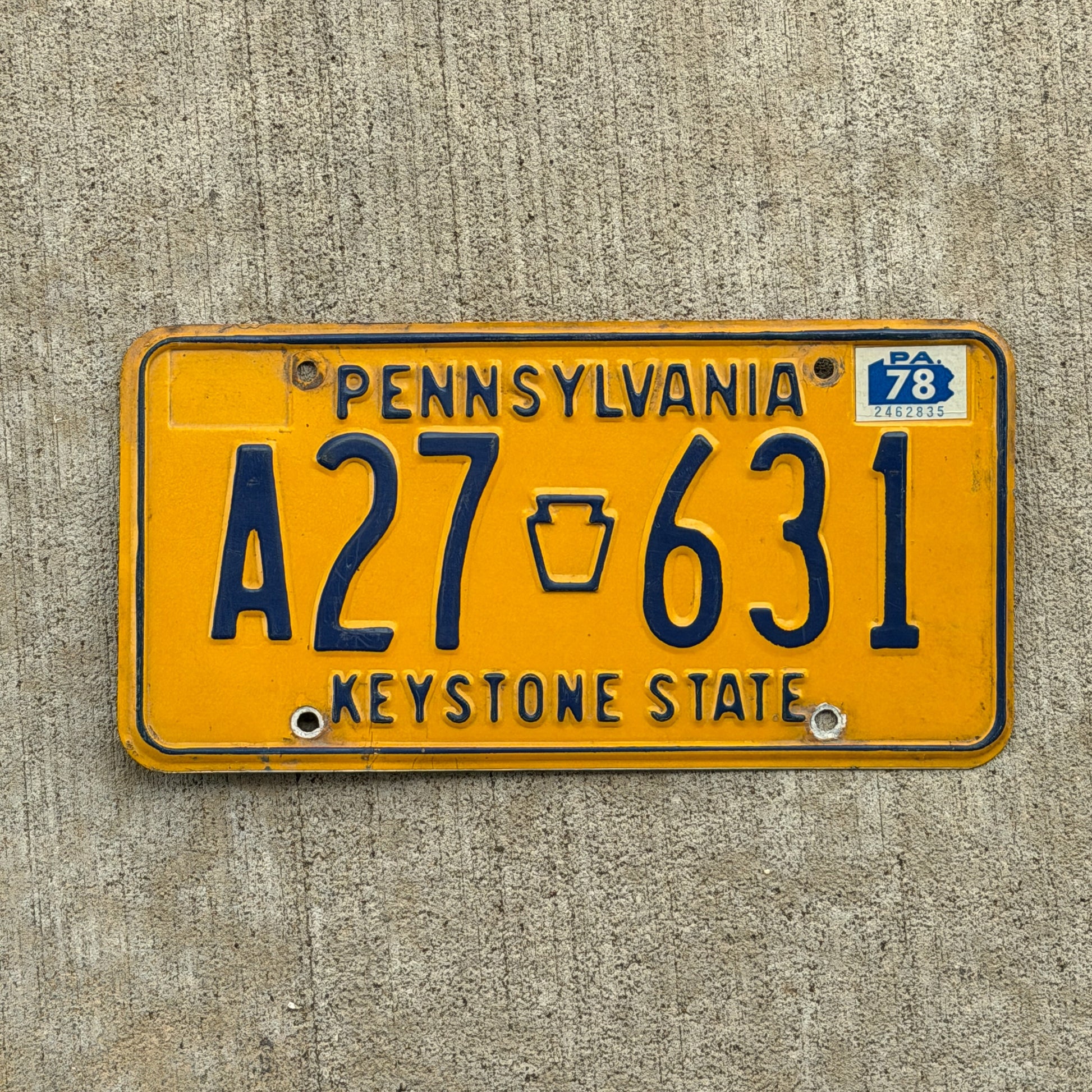 Photo of a 1977 1978 Pennsylvania License Plate Auto Tag Garage Decor Vintage A27 631 with original patina