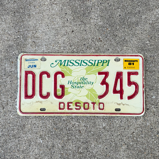 Photo of a 1977 1981 Mississippi License Plate Auto Tag Garage Decor Vintage DCG 345 with original patina