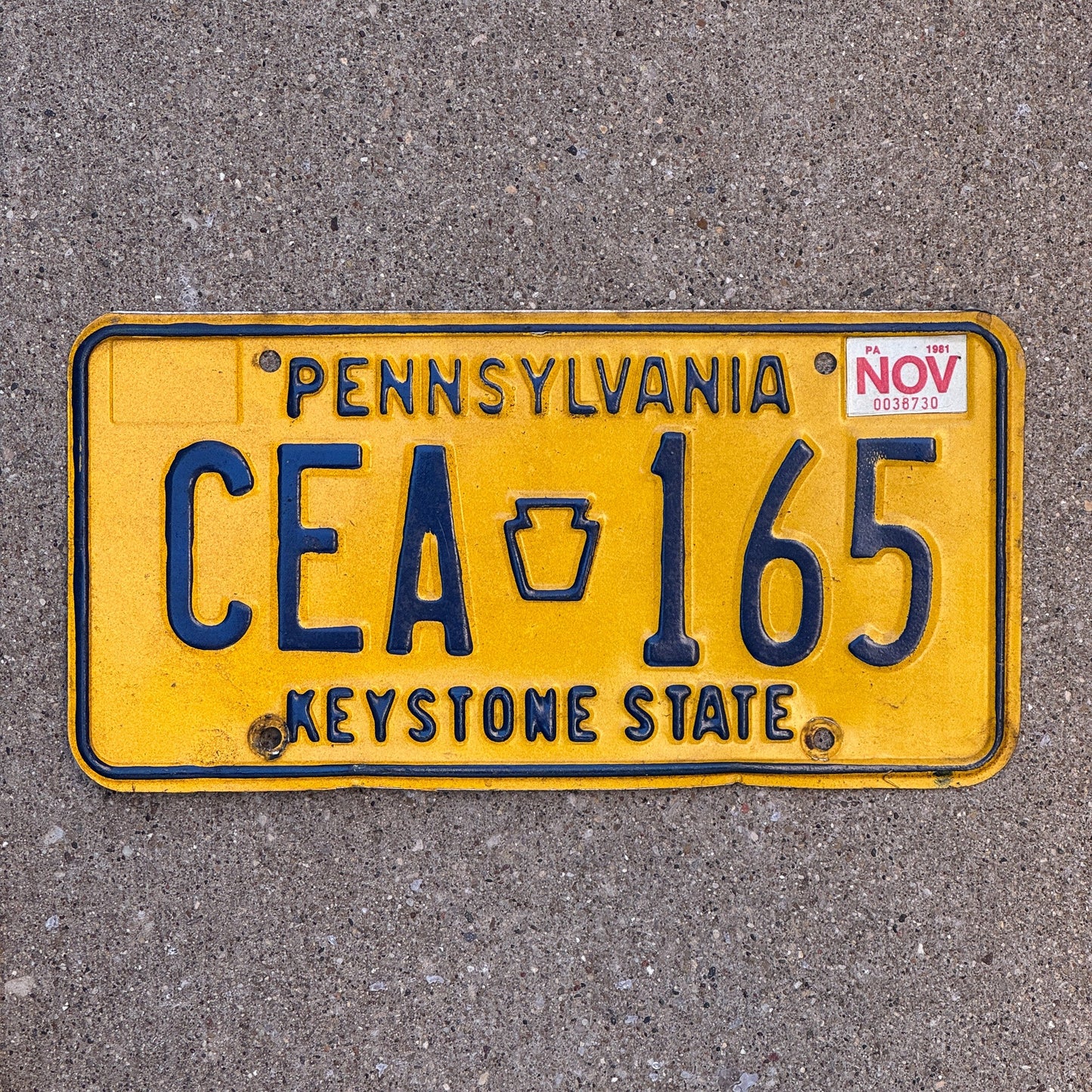 Photo of a 1977 1981 Pennsylvania License Plate Auto Tag Garage Decor Vintage CEA 165 with original patina
