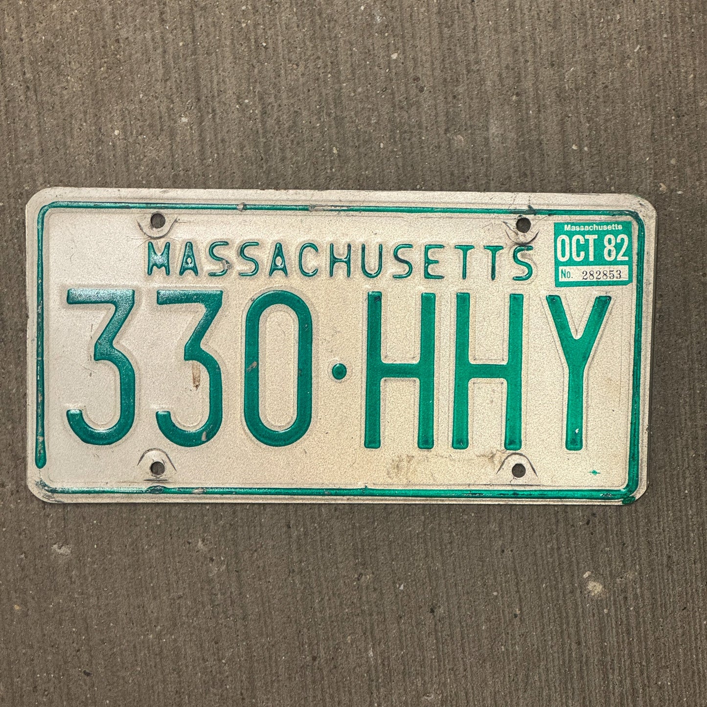 Photo of a 1977 1982 Massachusetts License Plate Auto Tag Garage Decor Vintage 330 HHY with original patina