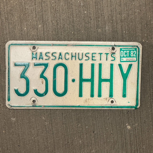 Photo of a 1977 1982 Massachusetts License Plate Auto Tag Garage Decor Vintage 330 HHY with original patina