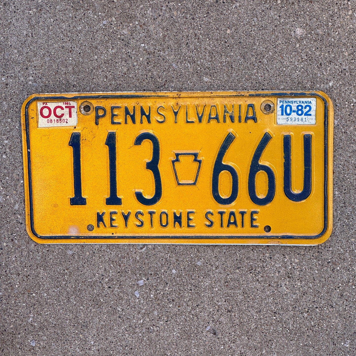 Photo of a 1977 1982 Pennsylvania License Plate Auto Tag Garage Decor Vintage 113 66U with original patina