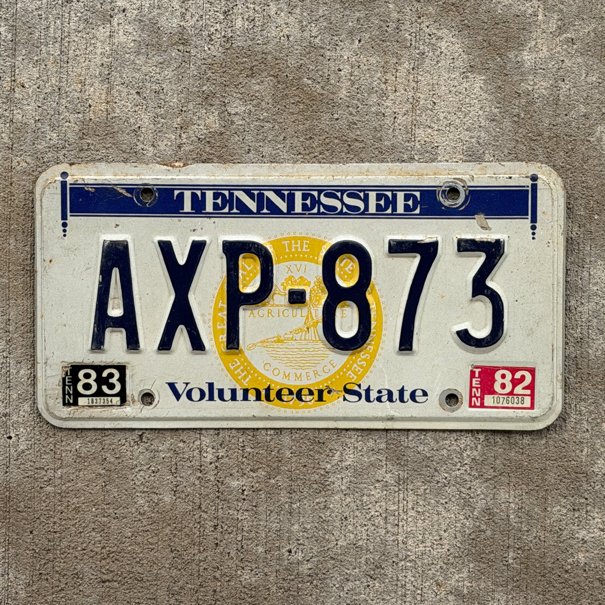 Photo of a 1977 1982 Tennessee License Plate Auto Tag Garage Decor Vintage AXP 873 with original patina