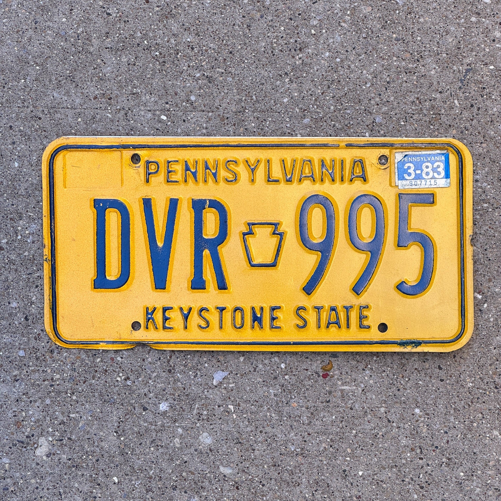 Photo of a 1977 1983 Pennsylvania License Plate Auto Tag Garage Decor Vintage DVR 995 with original patina