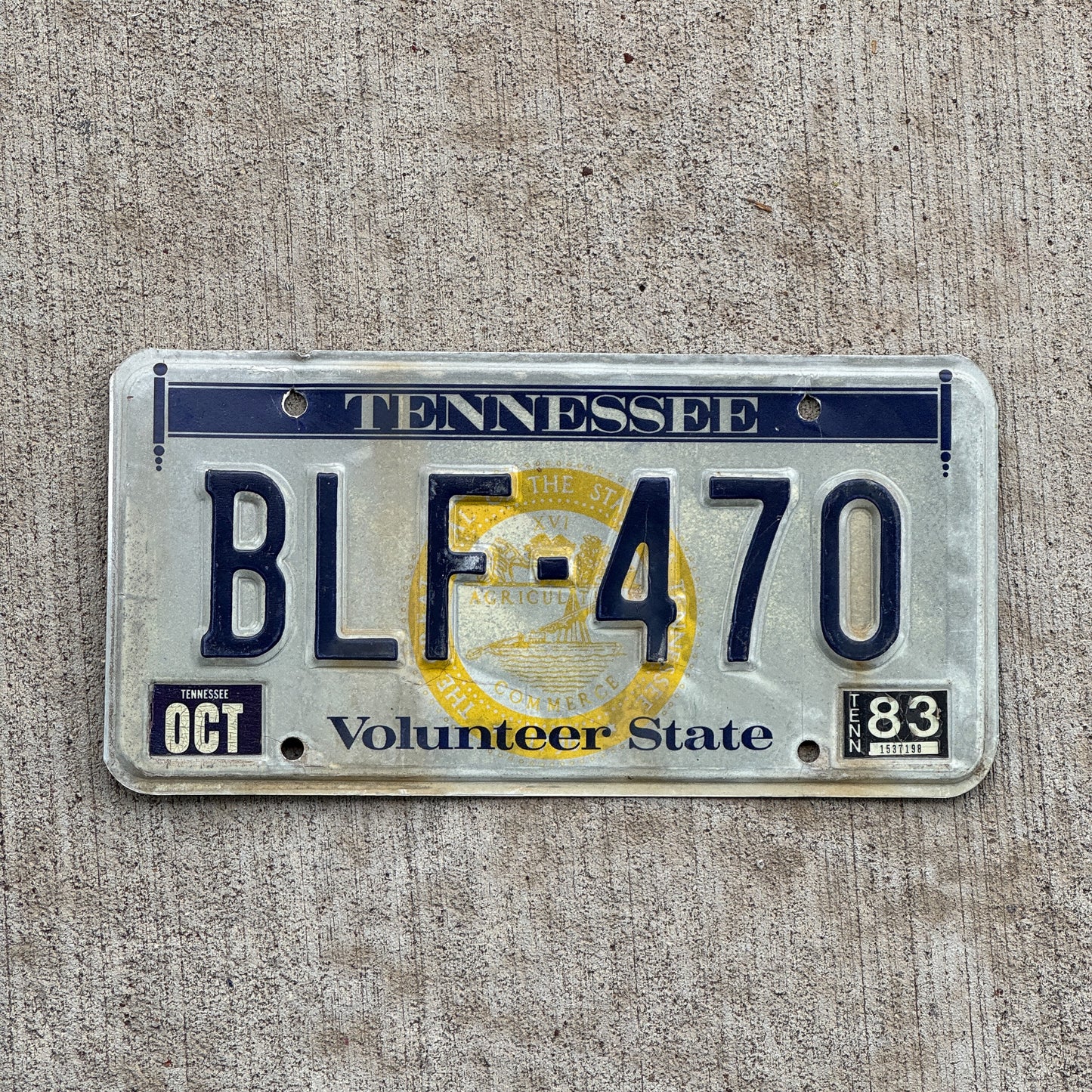 Photo of a 1977 1983 Tennessee License Plate Auto Tag Garage Decor Vintage BLF 470 with original patina