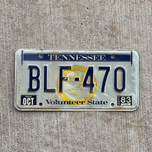 Photo of a 1977 1983 Tennessee License Plate Auto Tag Garage Decor Vintage BLF 470 with original patina