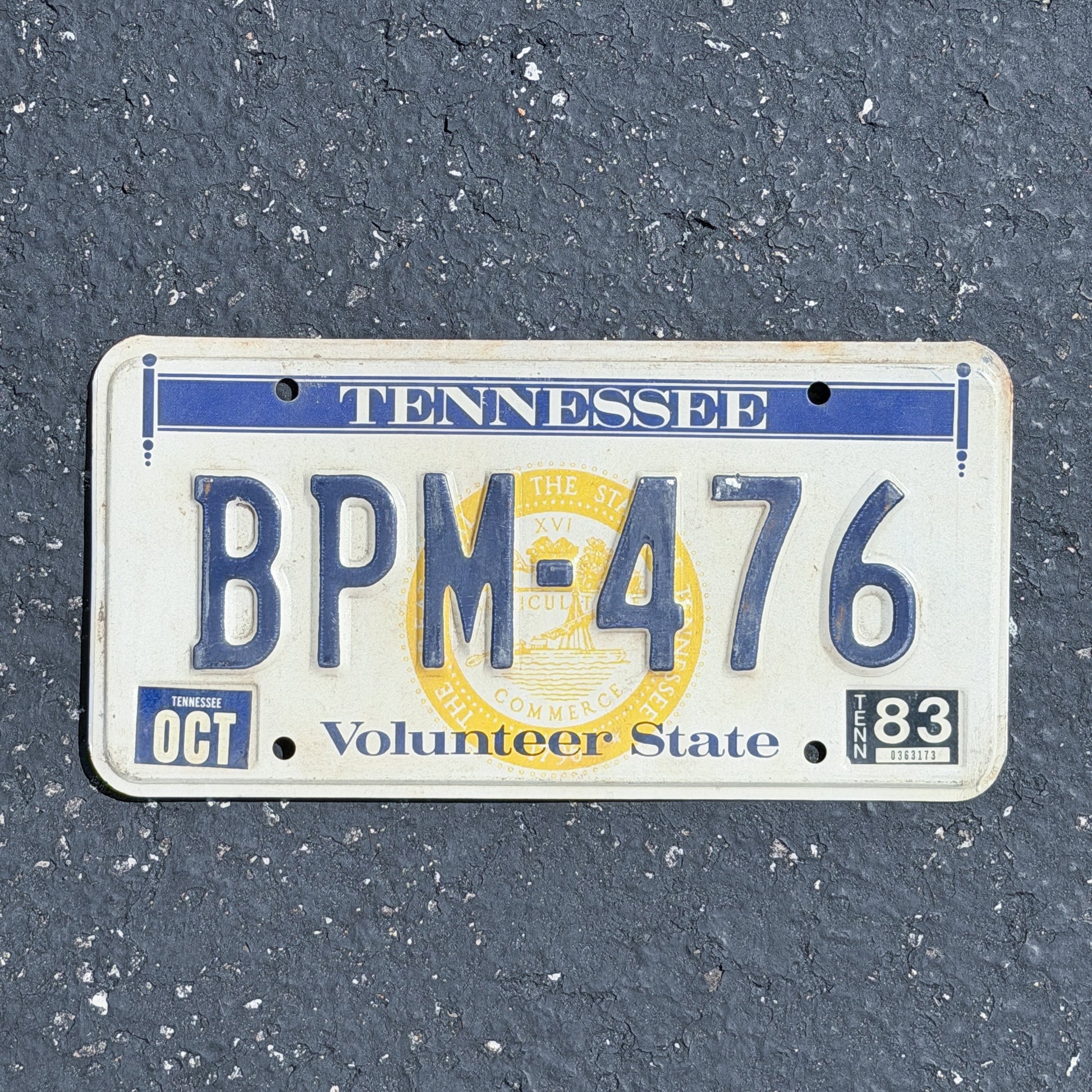 Photo of a 1977 1983 Tennessee License Plate Auto Tag Garage Decor Vintage BPM 476 with original patina