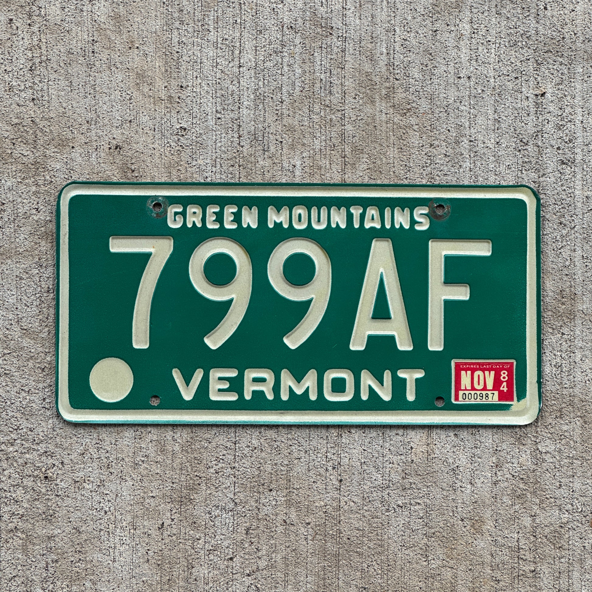 Photo of a 1977 1984 Vermont License Plate Auto Tag Garage Decor Vintage 799 AF with original patina