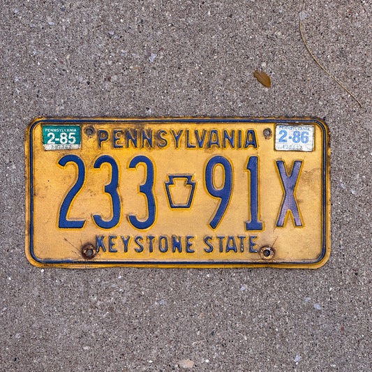 Photo of a 1977 1986 Pennsylvania License Plate Auto Tag Garage Decor Vintage 233 91 X with original patina