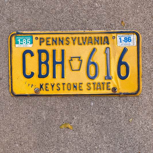 Photo of a 1977 1986 Pennsylvania License Plate Auto Tag Garage Decor Vintage CBH 616 with original patina