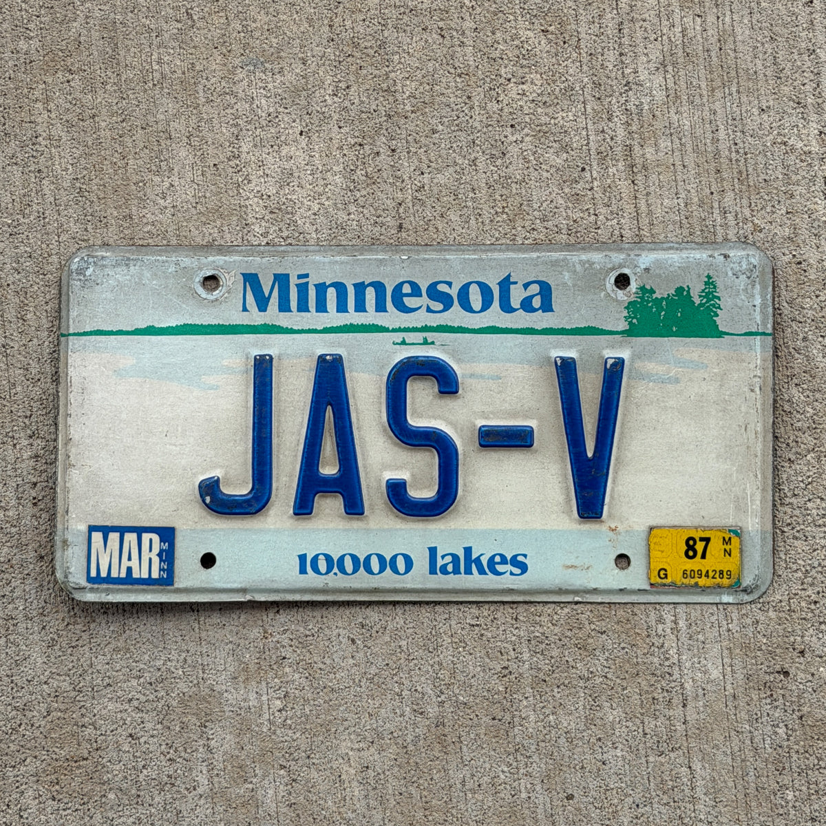 Photo of a 1977 1987 Minnesota Vanity License Plate Auto Tag Garage Decor Vintage JAS V with original patina