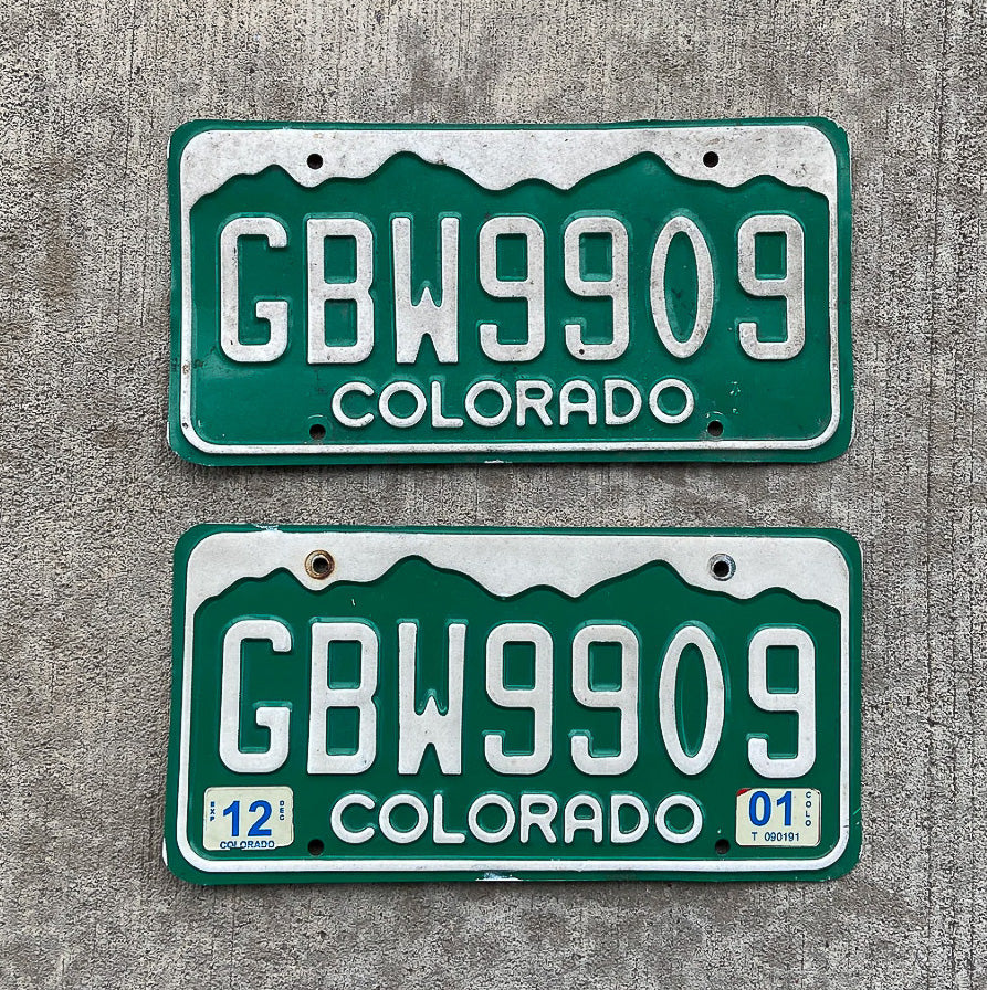 Photo of a 1977 2001 Colorado License Plate Pair Auto Tag Garage Decor Vintage GBW 9909 with original patina
