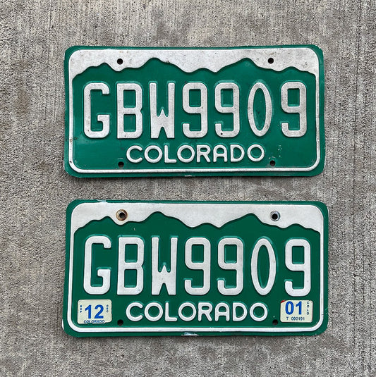 Photo of a 1977 2001 Colorado License Plate Pair Auto Tag Garage Decor Vintage GBW 9909 with original patina