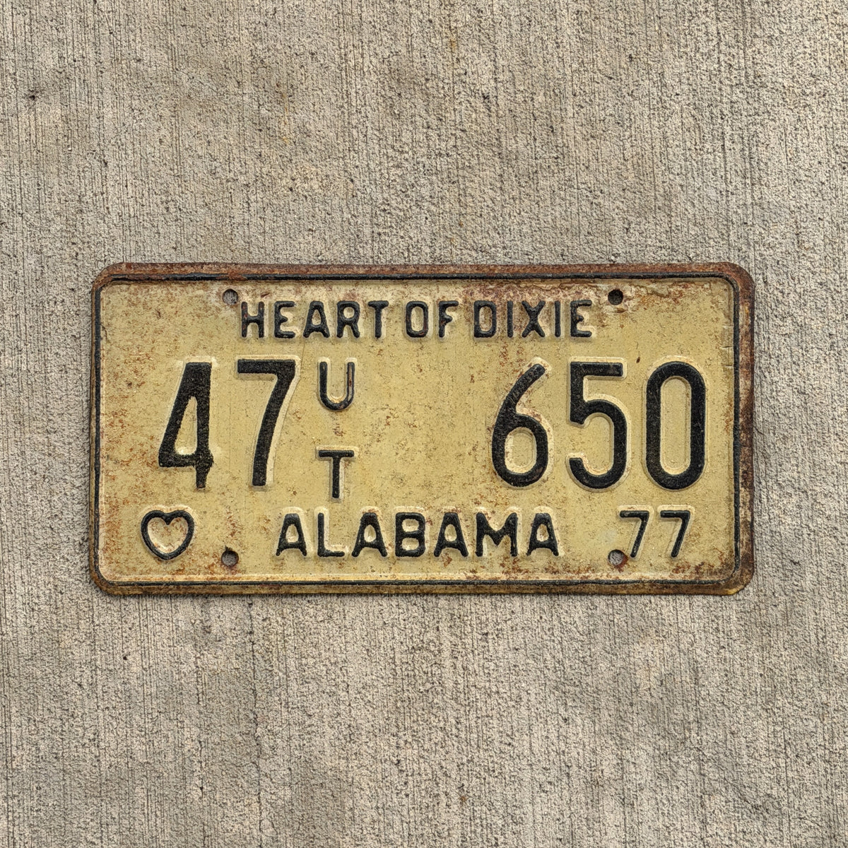 Photo of a 1977 Alabama Utility Trailer License Plate Auto Tag Garage Decor Vintage 47 UT 650 with original patina