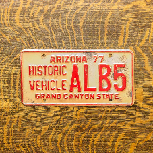 Photo of a 1977 Arizona Historic Vehicle License Plate Auto Tag Garage Decor Vintage Copper ALB 5 with original patina