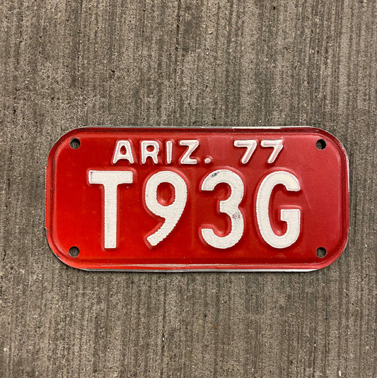 Photo of a 1977 Arizona Motorcycle License Plate Auto Tag Garage Decor Vintage T93G with original patina