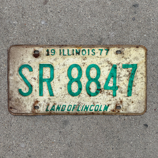 Photo of a 1977 Illinois License Plate Auto Tag 1 Vintage Garage SR 8847 with original patina