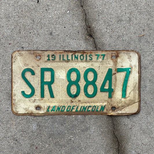 Photo of a 1977 Illinois License Plate Auto Tag 2 Vintage Garage SR 8847 with original patina