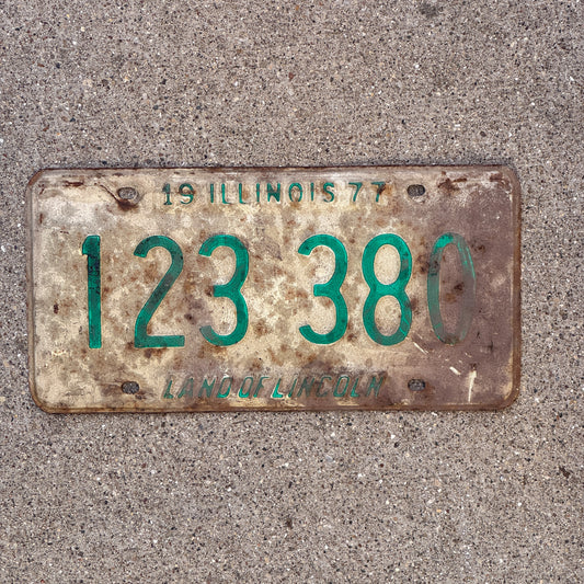 Photo of a 1977 Illinois License Plate Auto Tag Garage Decor Vintage 123 380 with original patina