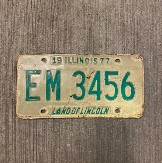 Photo of a 1977 Illinois License Plate Auto Tag Garage Decor Vintage EM 3456 with original patina