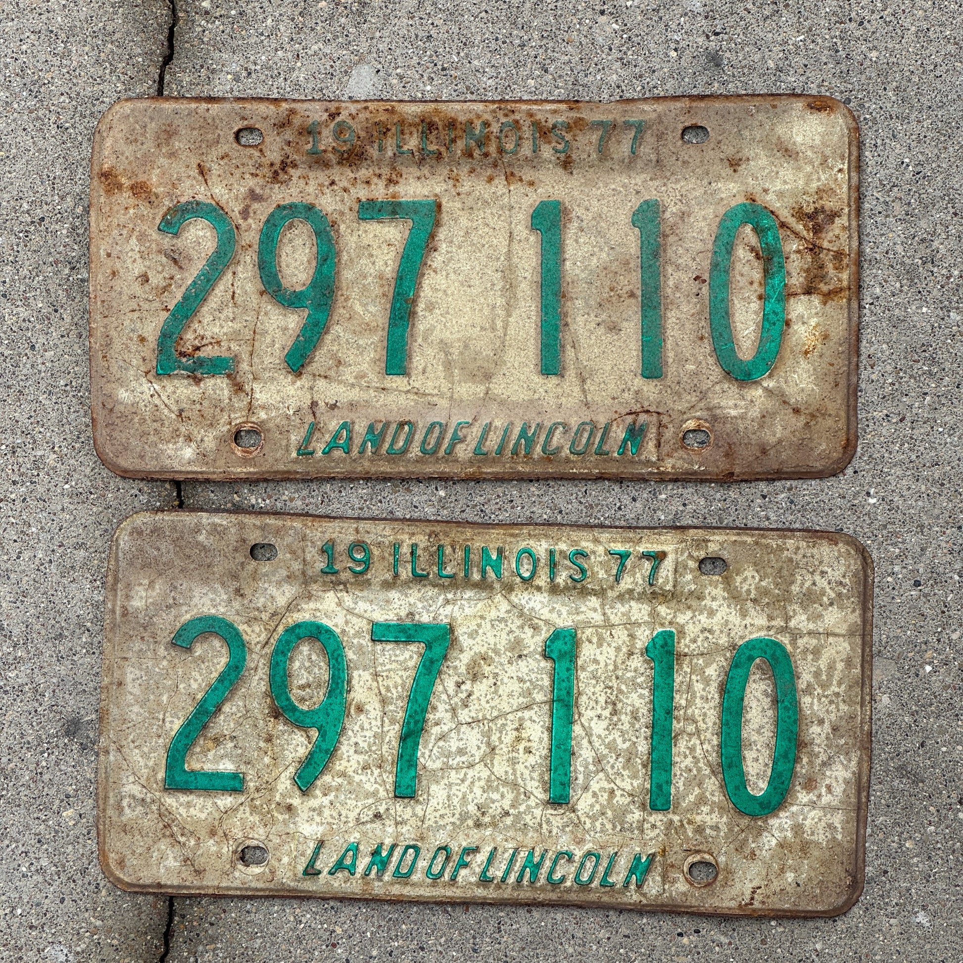 Photo of a 1977 Illinois License Plate Pair Auto Tag Garage Decor Vintage 297 110 with original patina