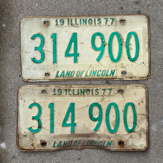 Photo of a 1977 Illinois License Plate Pair Auto Tag Garage Decor Vintage 314 900 with original patina