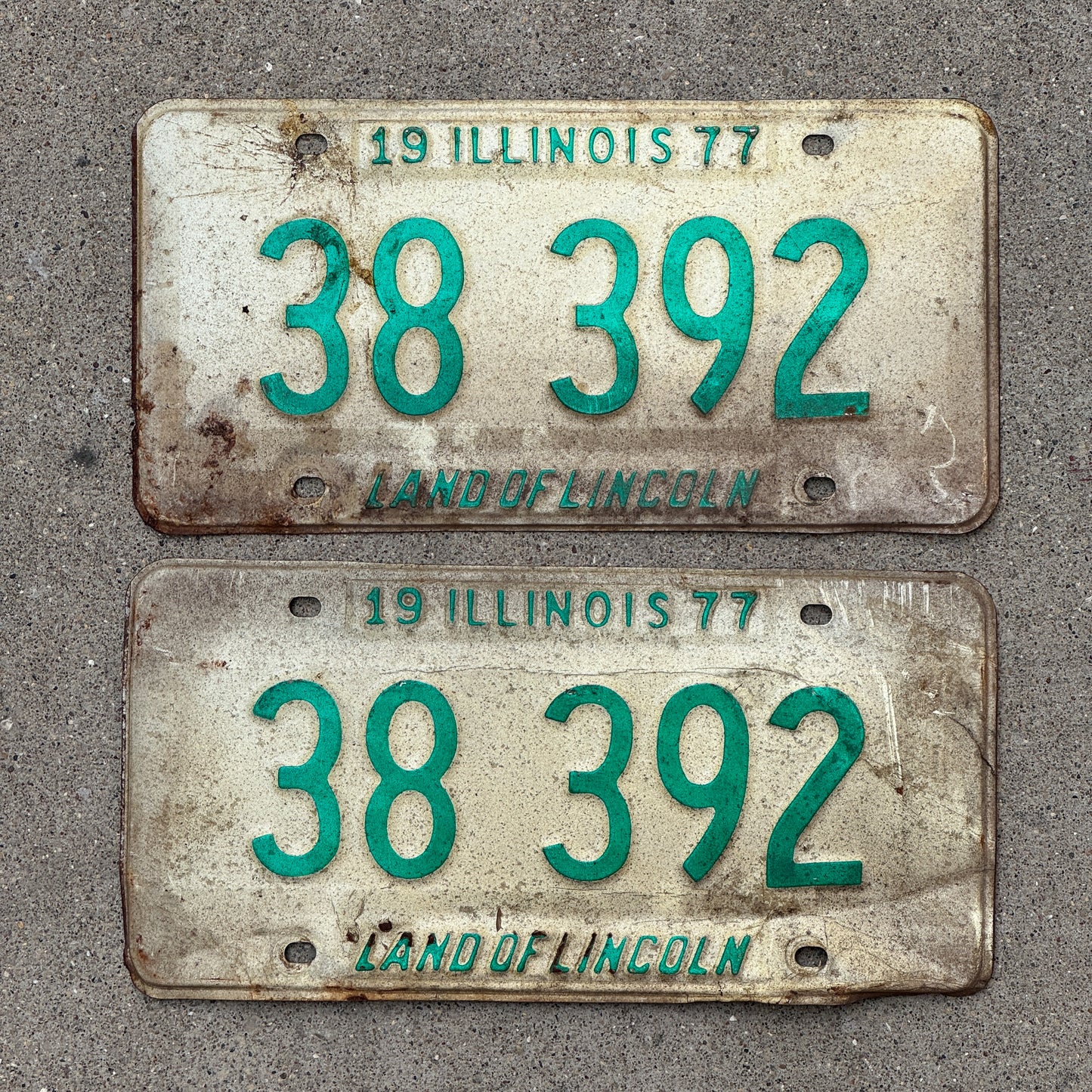 Photo of a 1977 Illinois License Plate Pair Auto Tag Garage Decor Vintage 38 392 with original patina