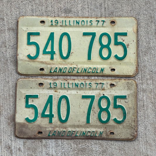 Photo of a 1977 Illinois License Plate Pair Auto Tag Garage Decor Vintage 540 785 with original patina