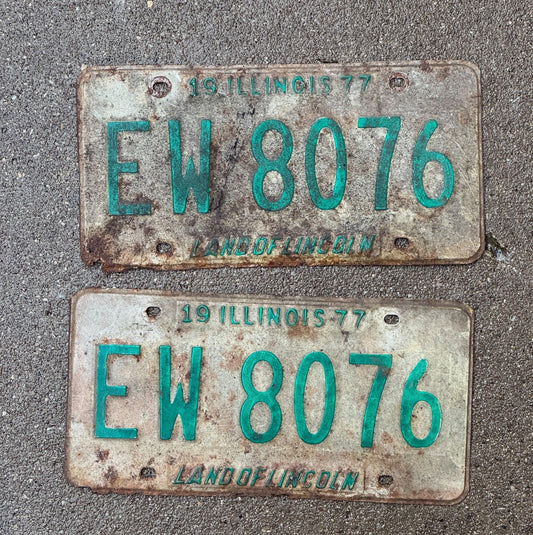 Photo of a 1977 Illinois License Plate Pair Auto Tag Garage Decor Vintage EW 8076