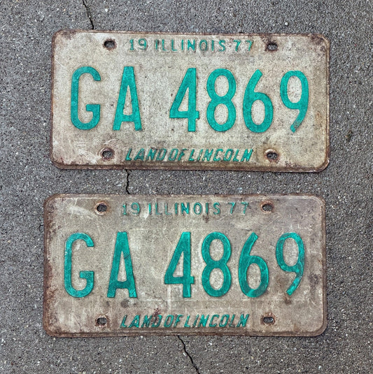 Photo of a 1977 Illinois License Plate Pair Auto Tag Garage Decor Vintage GA 4869