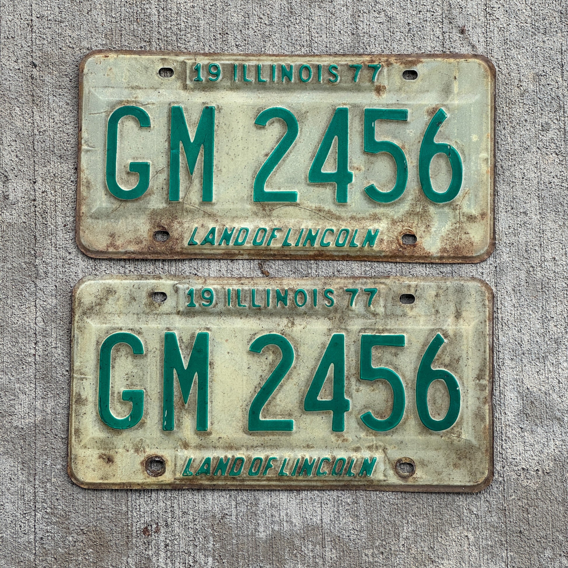 Photo of a 1977 Illinois License Plate Pair Auto Tag Garage Decor Vintage GM 2456 with original patina
