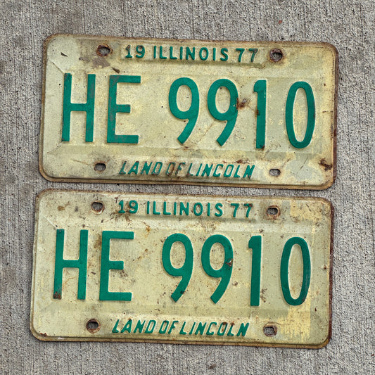 Photo of a 1977 Illinois License Plate Pair Auto Tag Garage Decor Vintage HE 9910 with original patina